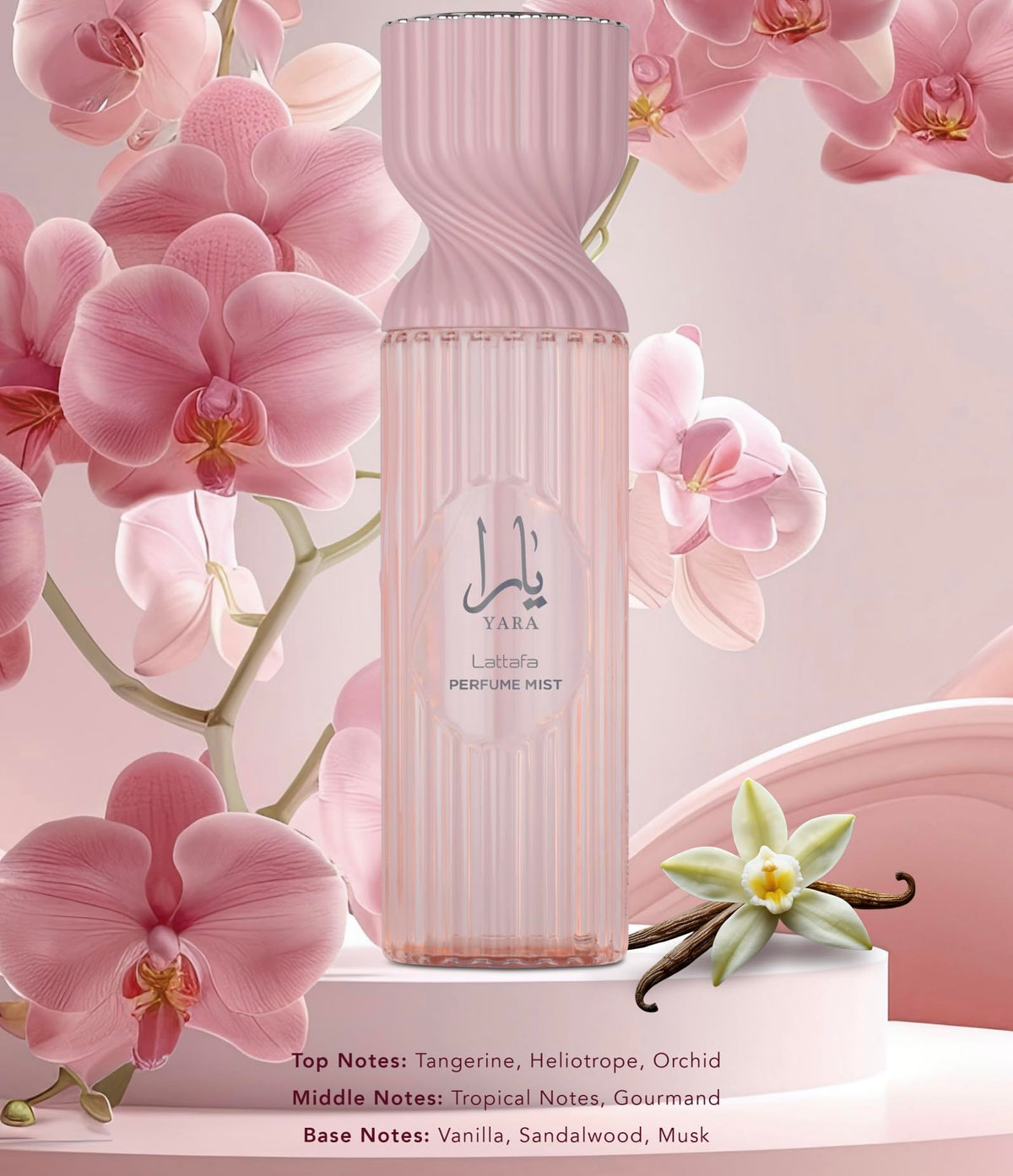 Lattafa Yara lifestyle spray-application scene, ideal for soft gourmand floral wear.