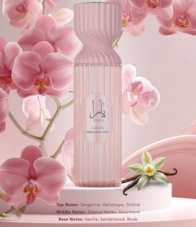 Lattafa Yara lifestyle spray-application scene, ideal for soft gourmand floral wear.