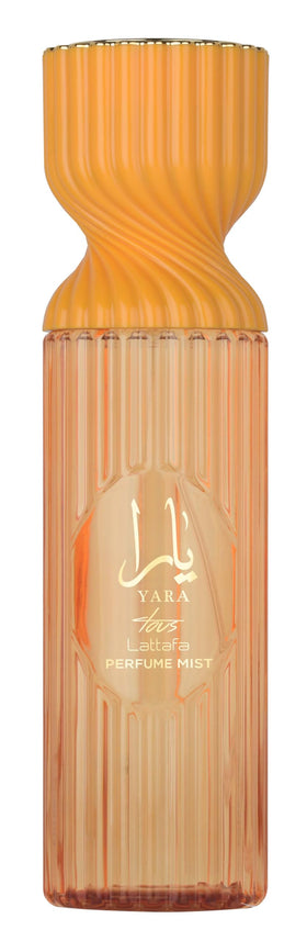 Lattafa Yara Tous perfume mist bottle pour showcases vibrant tropical notes for everyday refresh.