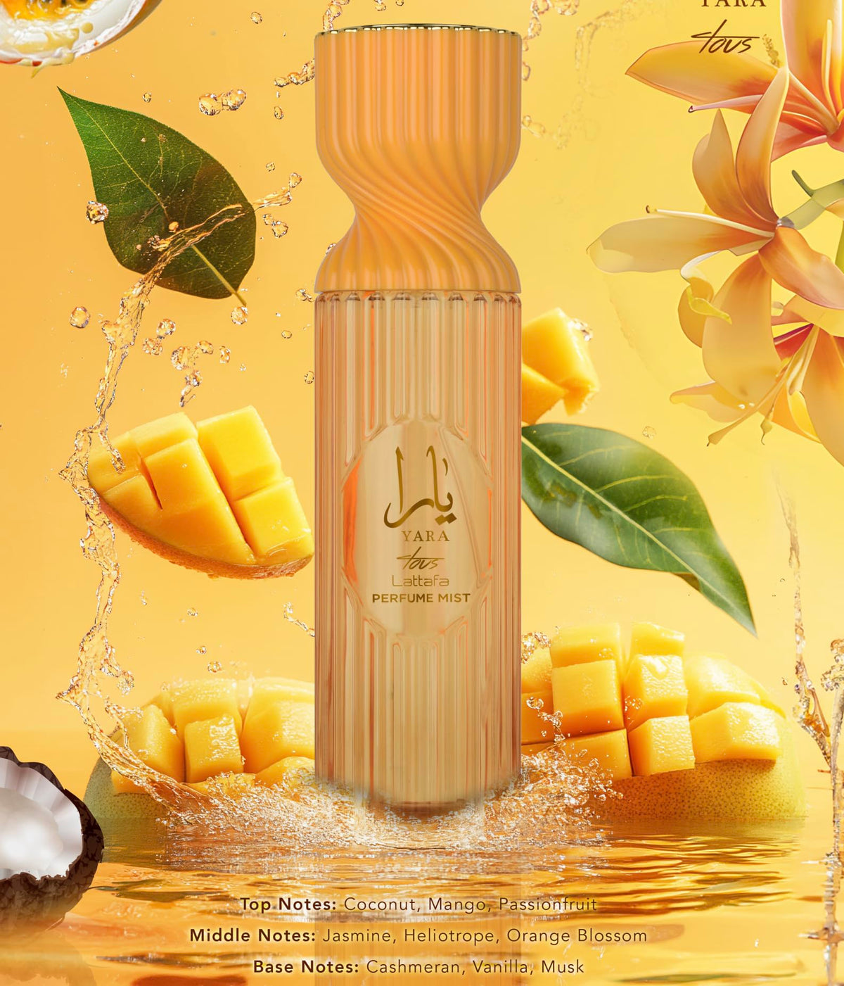 Lattafa Yara Tous fragrance opening highlights coconut, mango, and passionfruit, perfect for warm days.