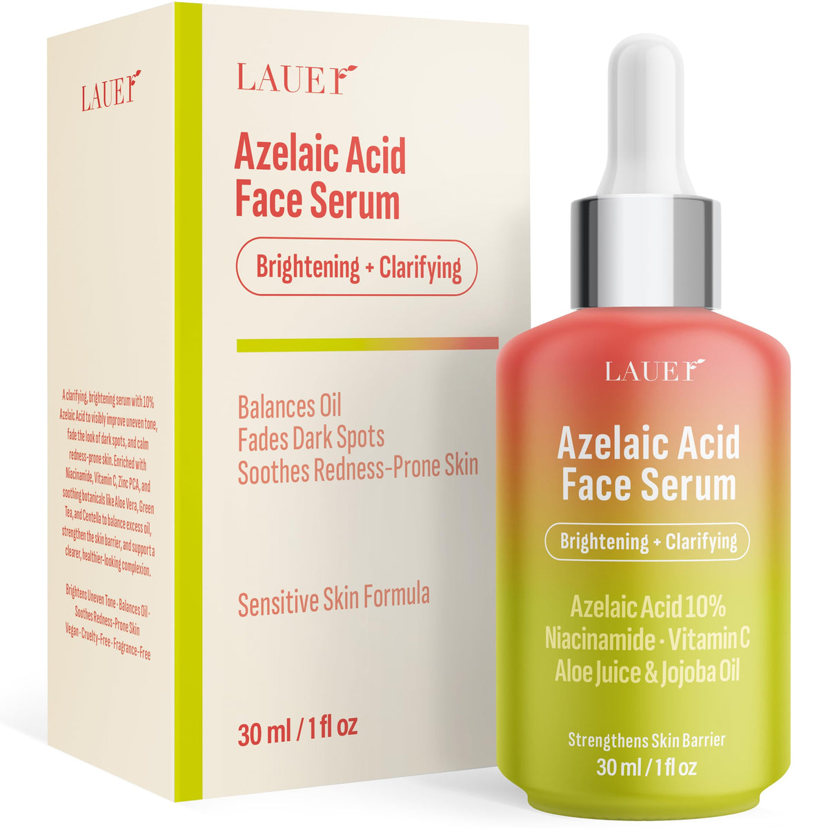 LAUER COSMETIC azelaic acid serum bottle close-up showing lightweight hydration for even tone