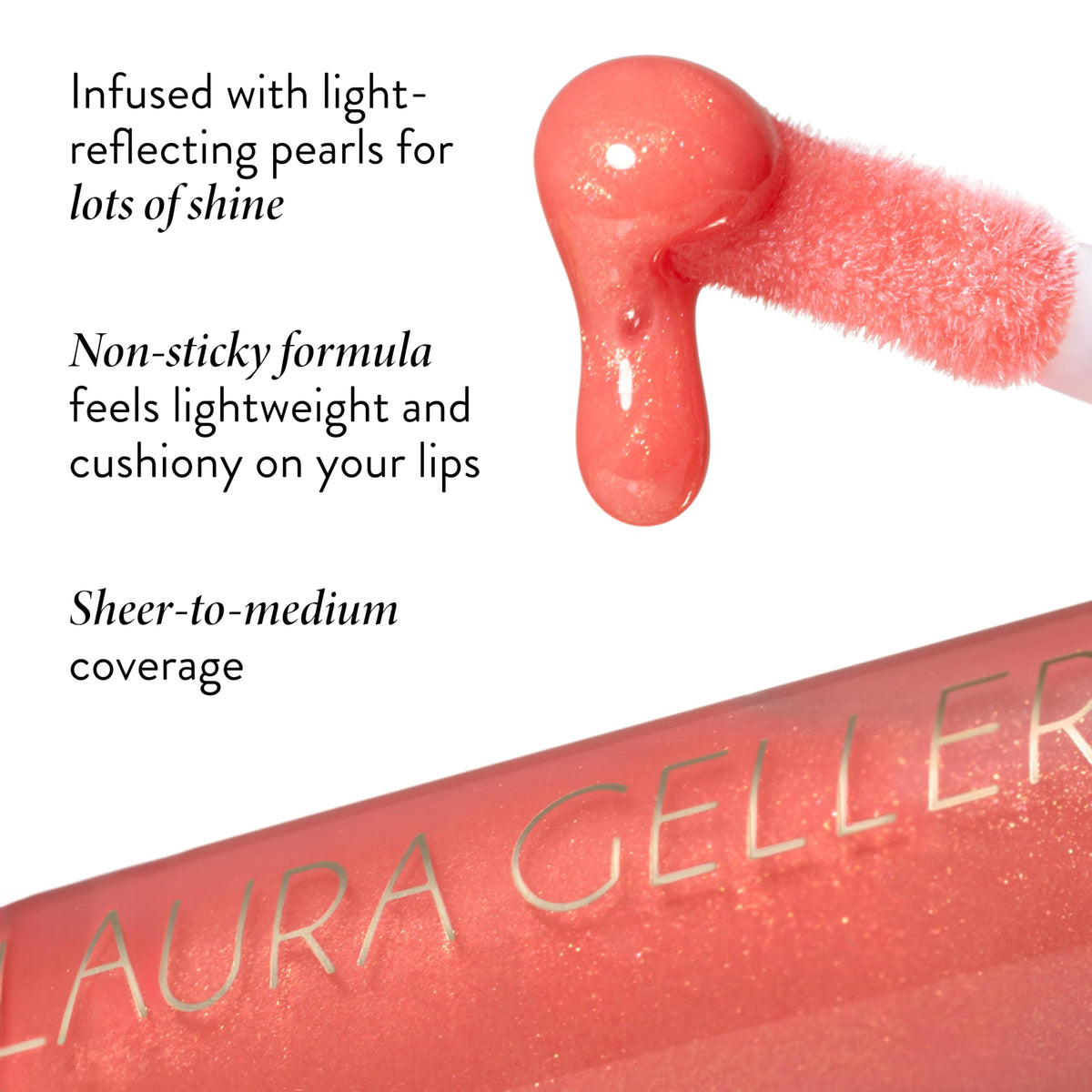 LAURA GELLER Color Luster Lip Gloss Turkish Delight swatch on lips for sheer glow.