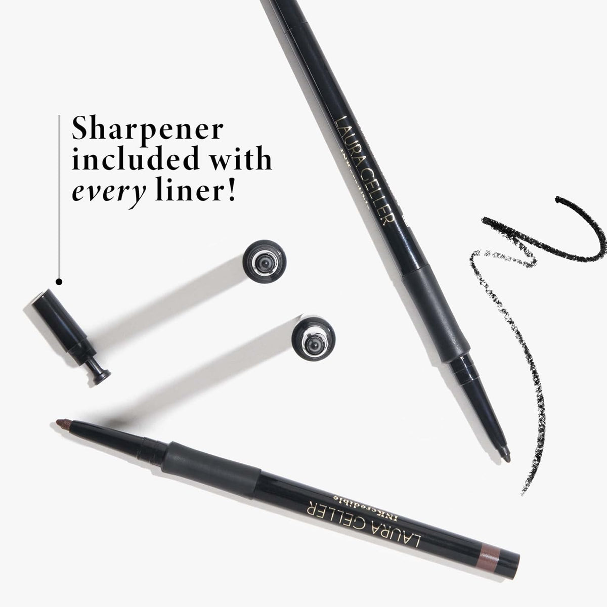 Built-in sharpener on LAURA GELLER INKCREDIBLE Gel Eyeliner for on-the-go sharpening.