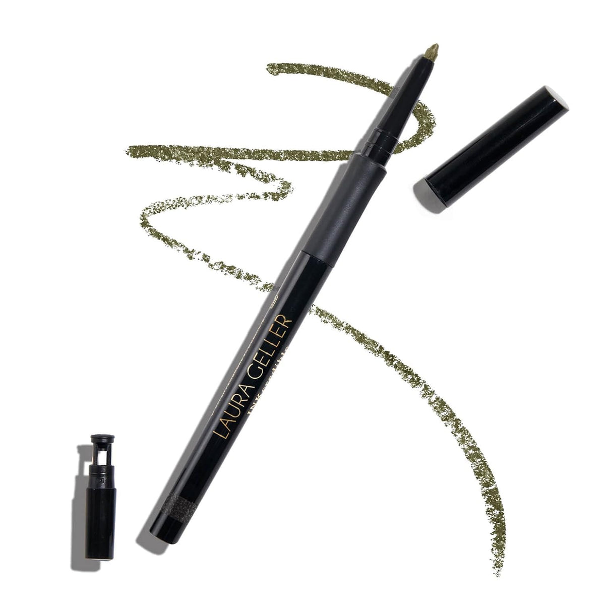 LAURA GELLER NEW YORK INKCREDIBLE Gel Eyeliner Olive My Love swatch shows rich color payoff.