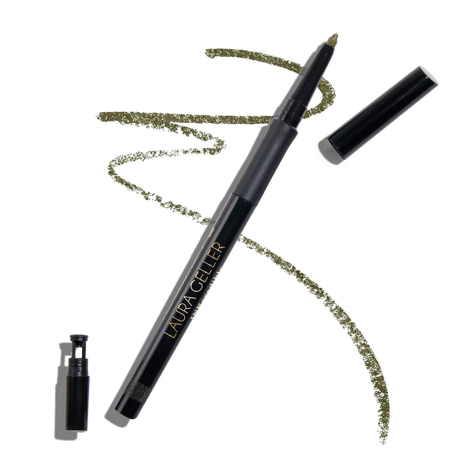 LAURA GELLER NEW YORK INKCREDIBLE Gel Eyeliner Olive My Love swatch shows rich color payoff.
