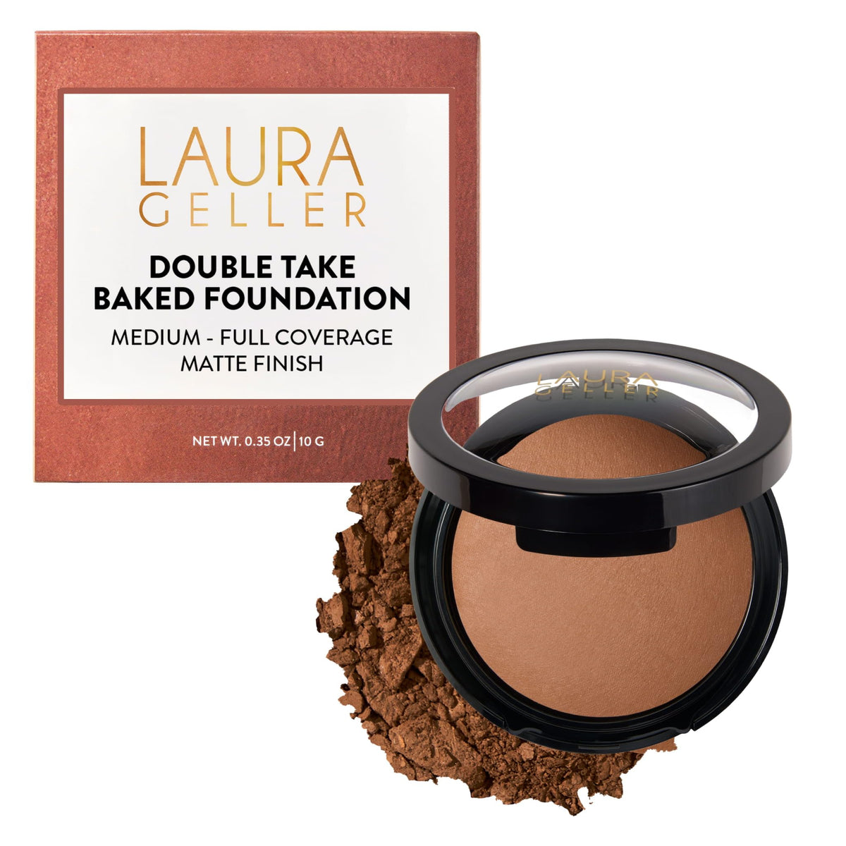 LAURA GELLER NEW YORK Baked Double Take Toffee compact open, matte finish for everyday wear.