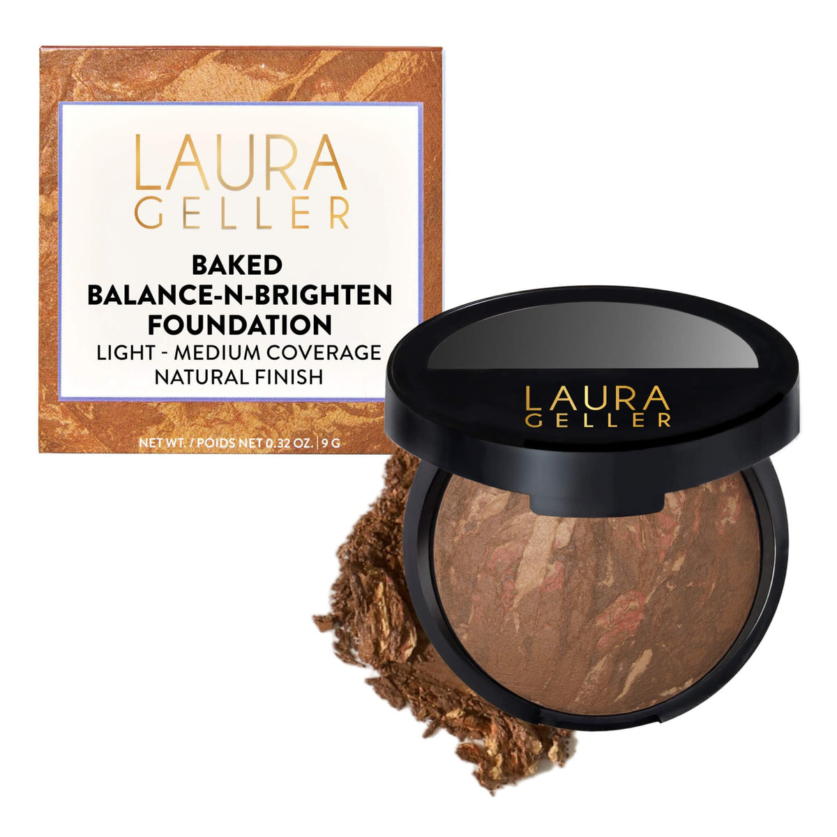 LAURA GELLER NEW YORK balance-n-brighten Toffee compact close-up highlights rich color and finish