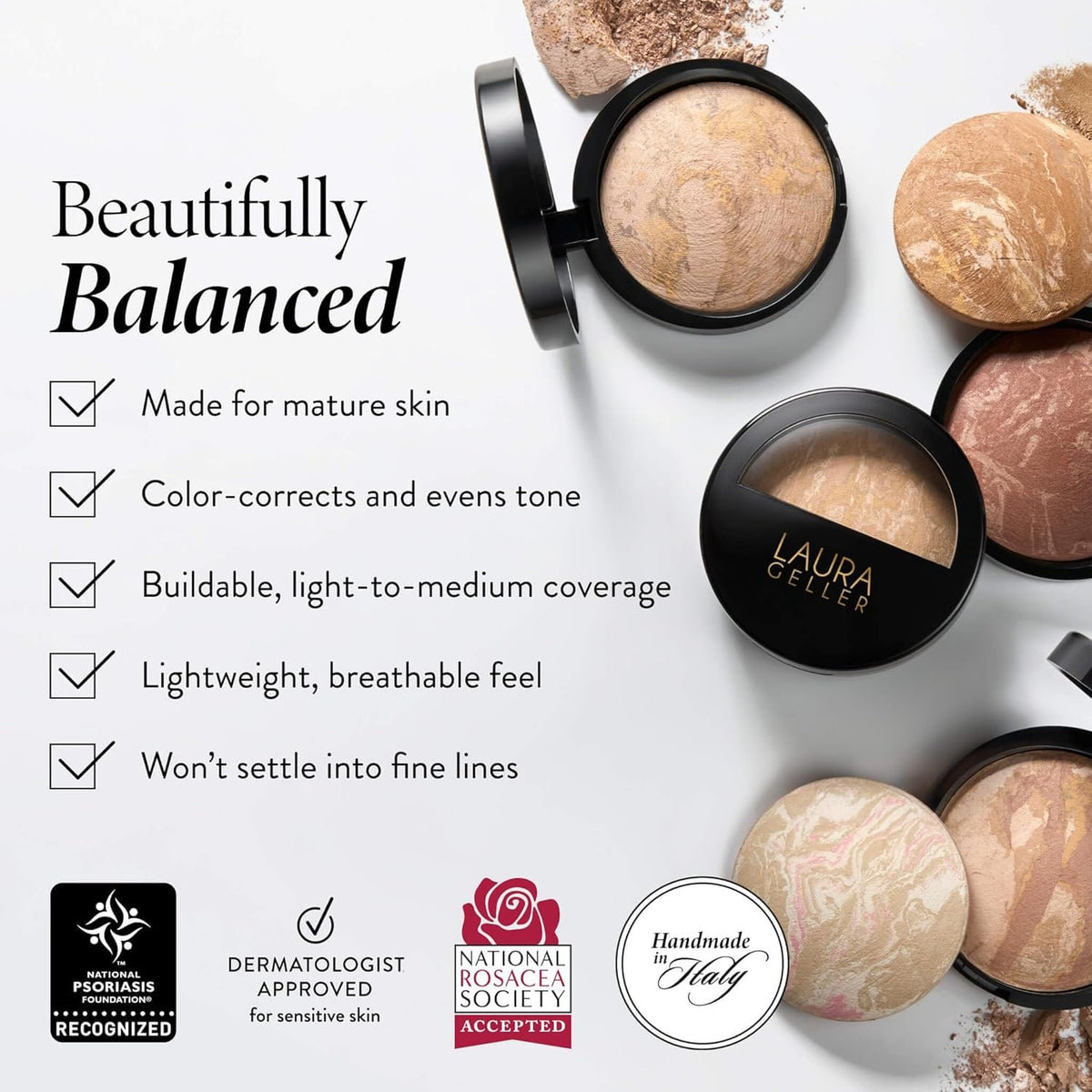 LAURA GELLER NEW YORK balance-n-brighten Toffee model face shows natural demi-matte finish
