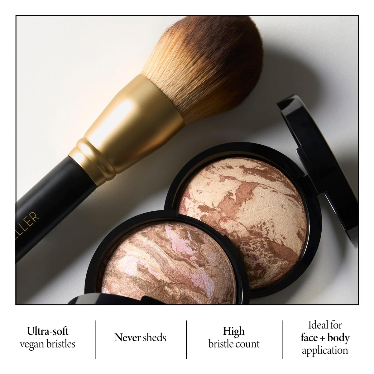 Laura Geller New York Cruelty-free bristles detail emphasizing soft, ethical brush design.