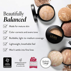 Laura Geller New York demi-matte finish builds lightweight to medium coverage naturally.