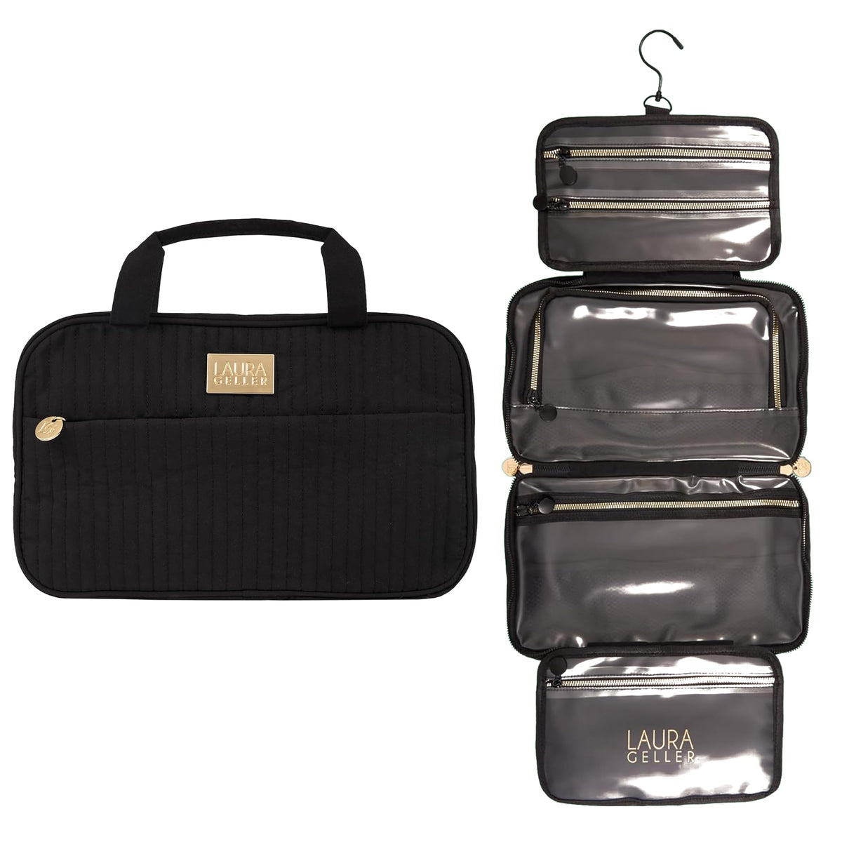 Laura Geller New York hanging toiletry bag for travel, keeps essentials within reach.
