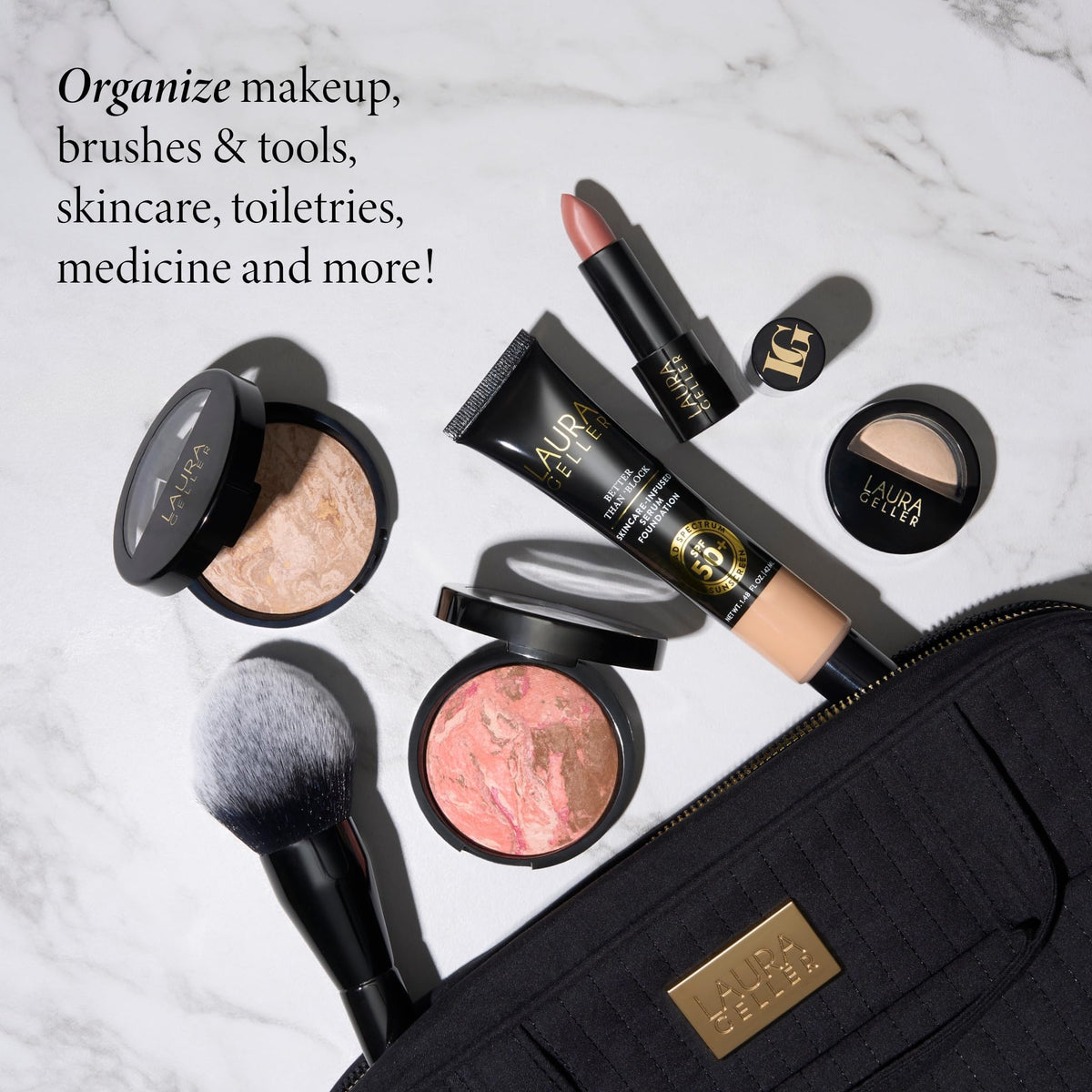 Laura Geller New York interior compartments help organize products by category.