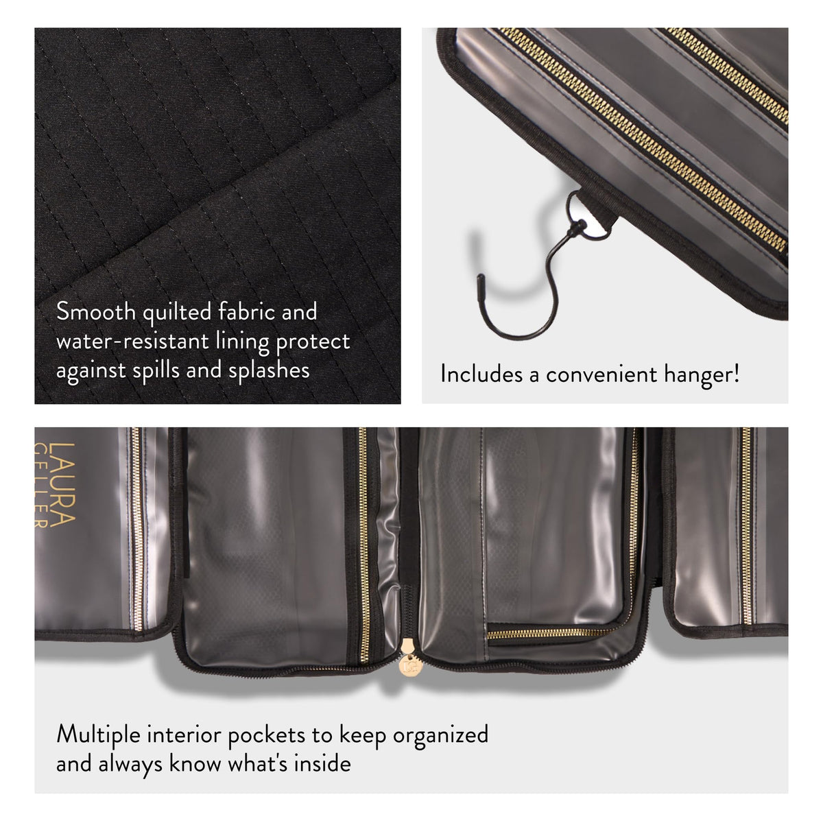 Laura Geller New York large capacity makeup bag stores brushes, palettes, and skincare neatly.
