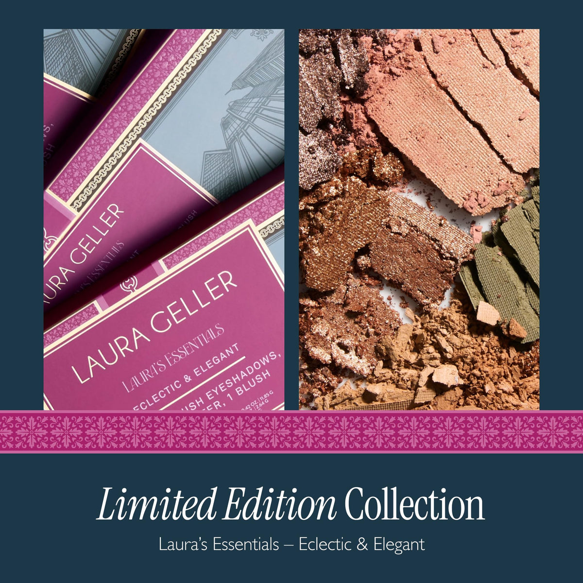 Laura Geller New York eyeshadow swatches showing shimmer and matte options with rich payoff.