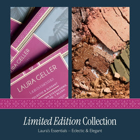 Laura Geller New York eyeshadow swatches showing shimmer and matte options with rich payoff.
