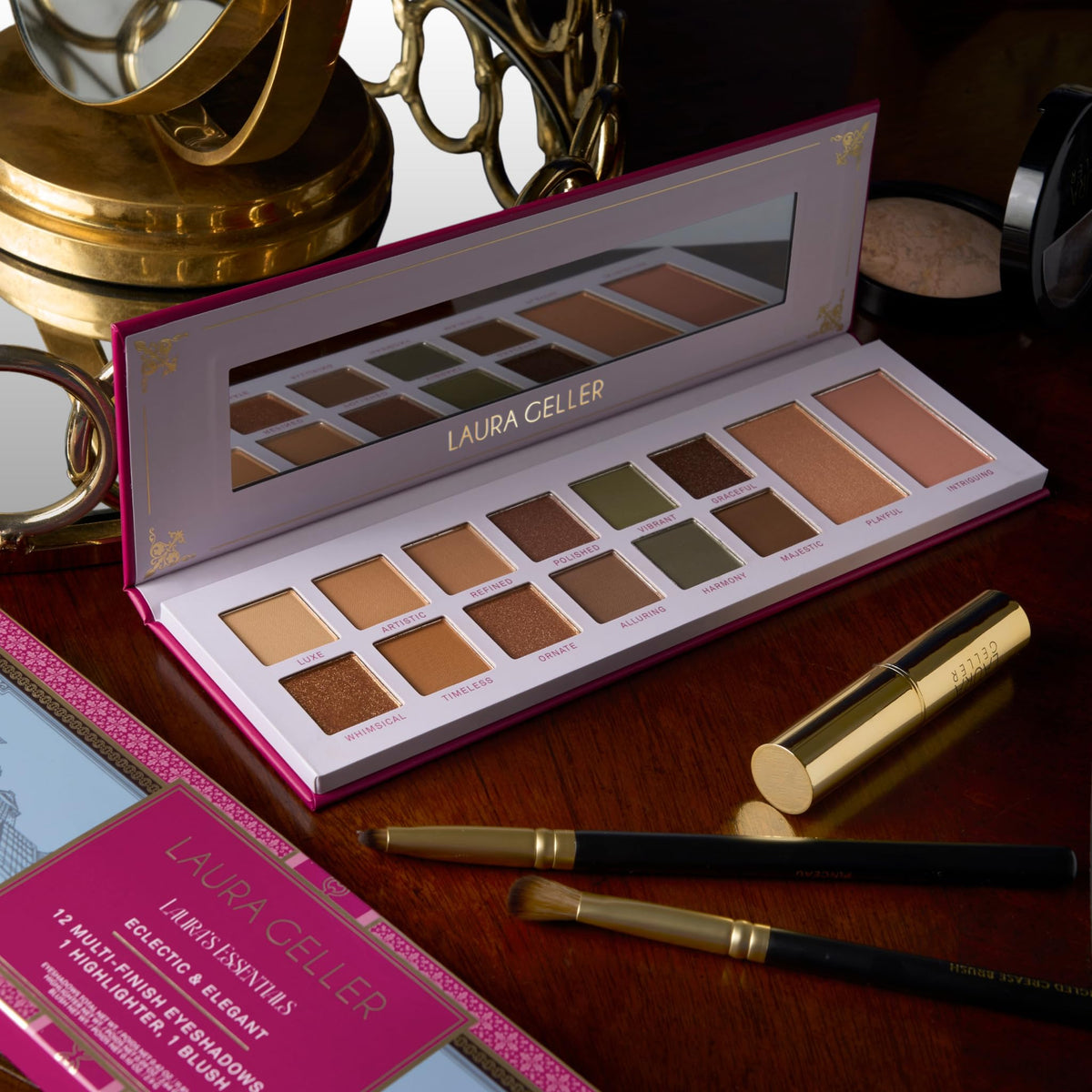 Laura Geller New York palette packaging exudes luxe makeup artistry in a travel-friendly case.