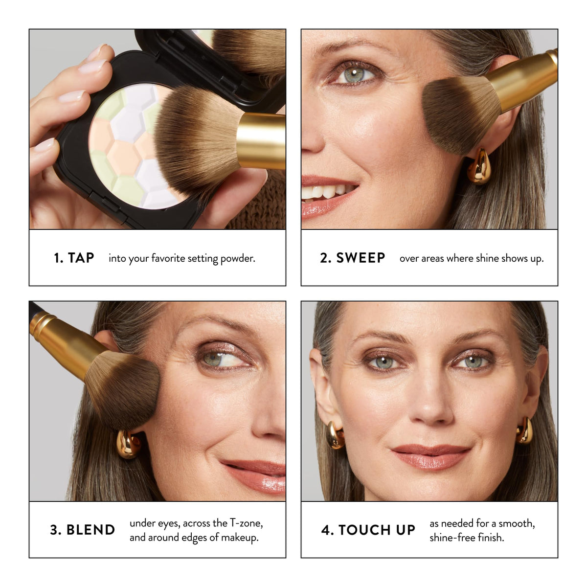 LAURA GELLER NEW YORK setting powder brush on skin for even, natural-looking coverage