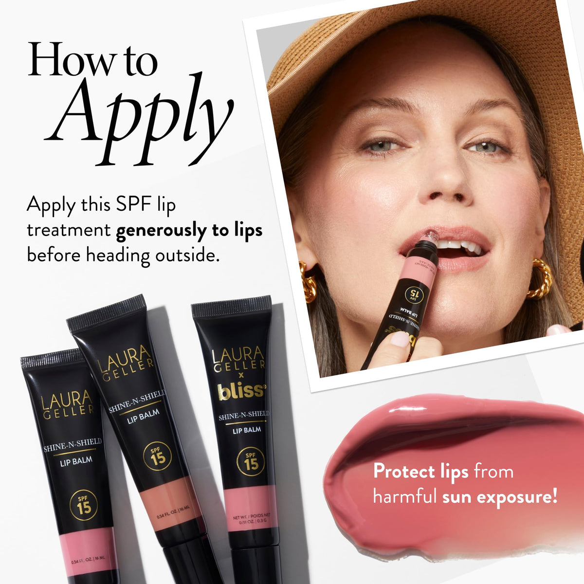 LAURA GELLER NEW YORK Shine-n-Shield lip balm outdoors on-the-go usage for sun protection.