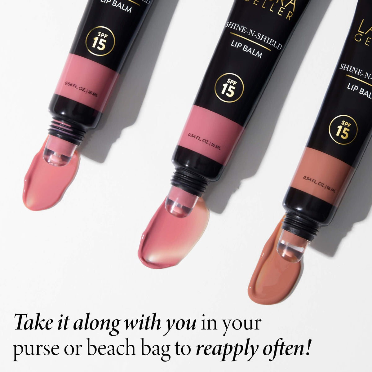 LAURA GELLER NEW YORK Shine-n-Shield lip balm purse-friendly reapplication detail.