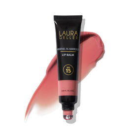 LAURA GELLER NEW YORK Shine-n-Shield lip balm Sunset Sands packaging highlights portable sun-safe color.