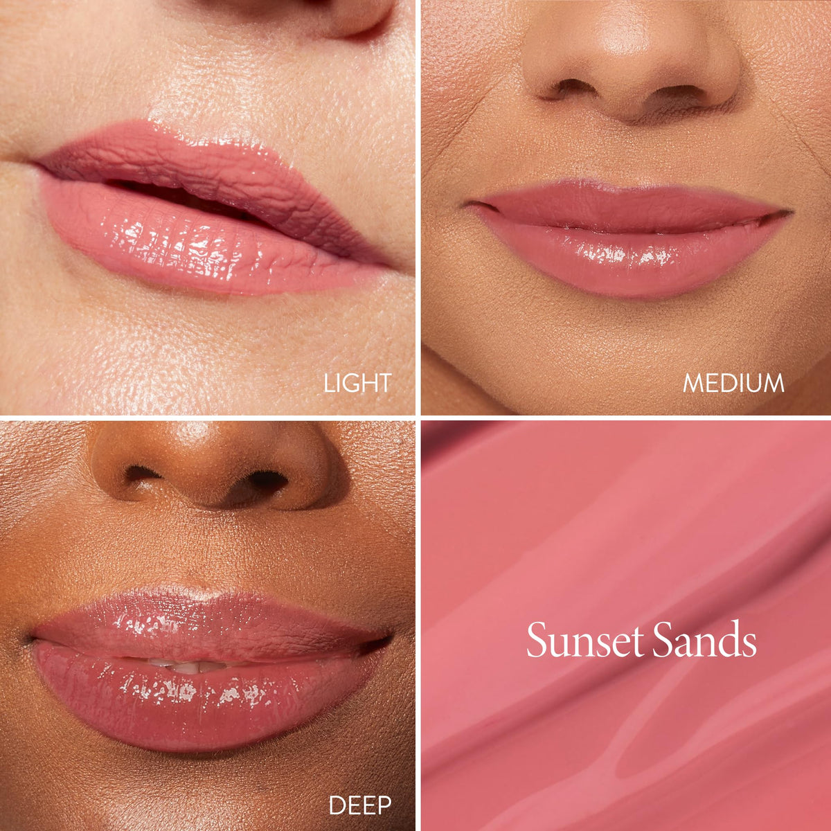 LAURA GELLER NEW YORK Shine-n-Shield lip balm Sunset Sands swatch shows flattering pink tint for all tones.