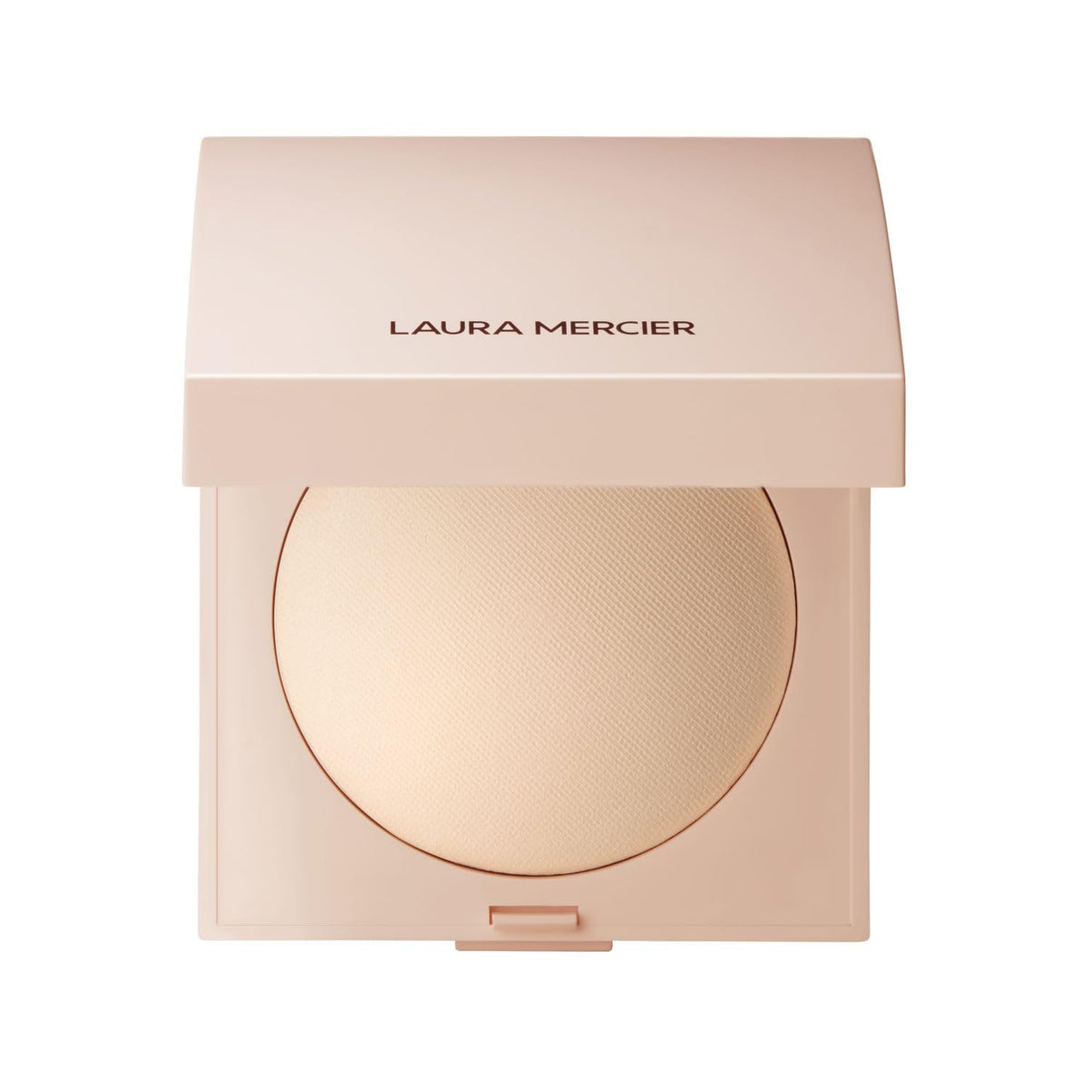 Laura Mercier Real Flawless Powder compact closeup showing creamy, talc-free texture for a luminous finish