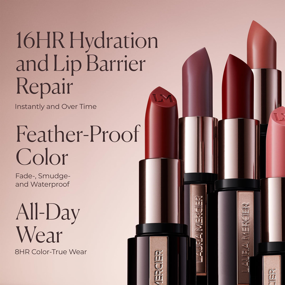 Close-up of Laura Mercier Caviar Hydra Crème Lipstick highlighting 16HR hydration.