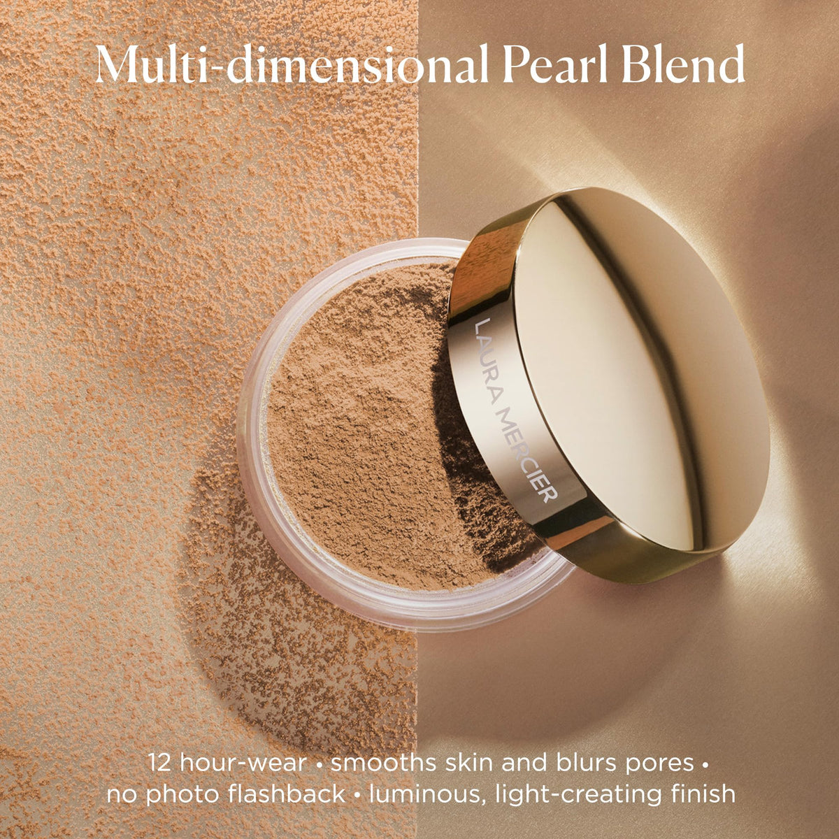 Laura Mercier Light Catcher Powder on skin delivers no-flashback glow and smooths texture.