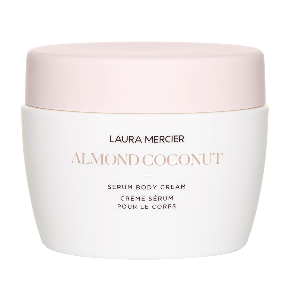 Laura Mercier Serum Body Cream jar shows rich texture for immediate hydration.