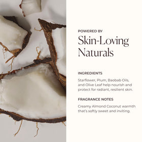 Close-up of olive oil and plum seed oil highlights Laura Mercier nourishing ingredients.