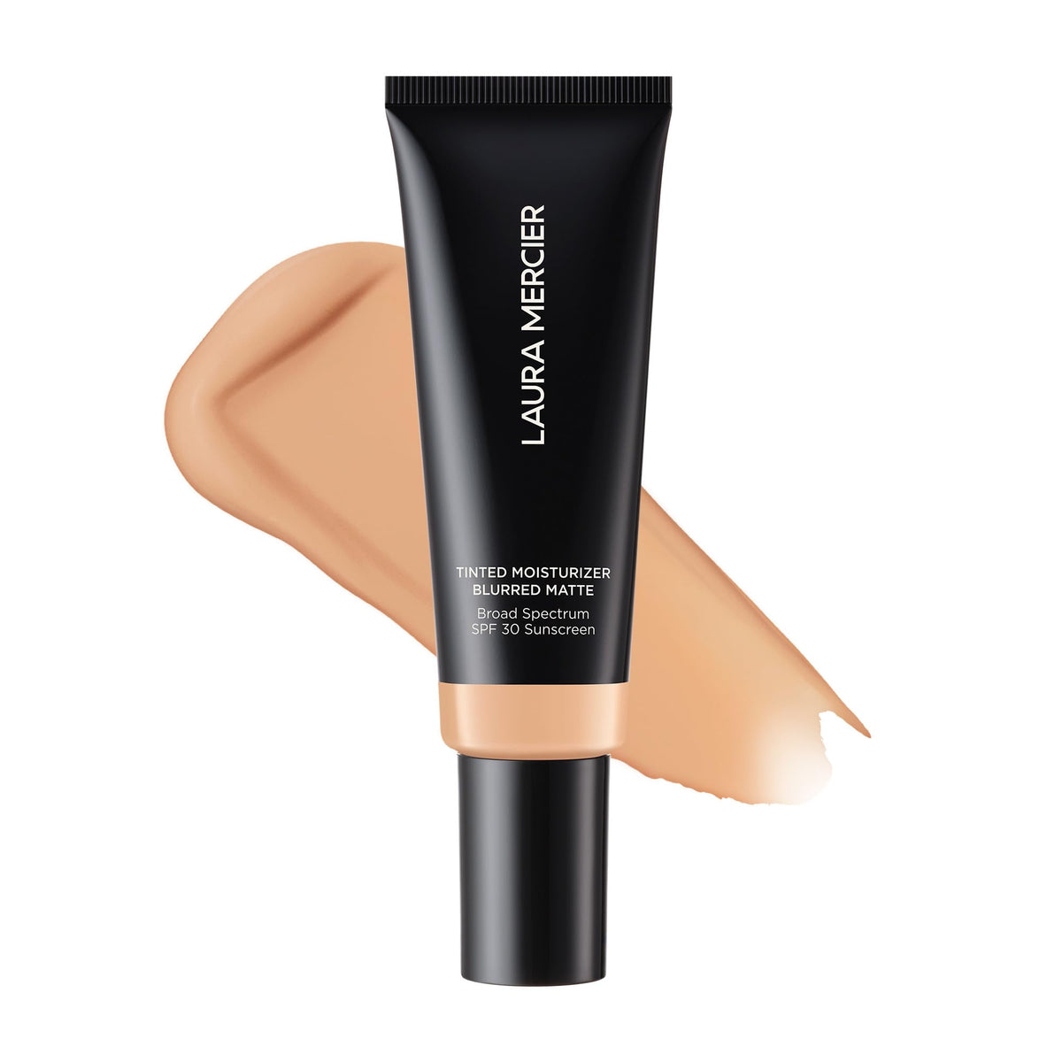 Laura Mercier Tinted Moisturizer Blurred Matte bottle close-up, oil-free finish with SPF 30.