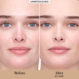 Arm swatch shows sheer to light coverage and pore-blur effect.