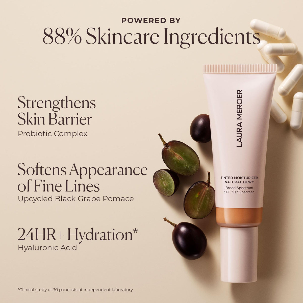 Laura Mercier Tinted Moisturizer improves skin tone and texture with continued use.