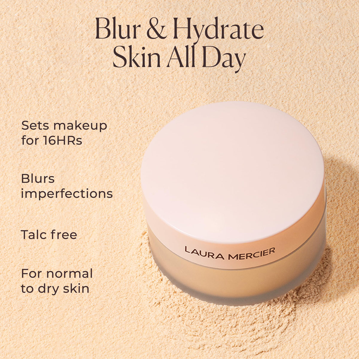 Laura Mercier Ultra-Blur powder compact open reveals easy-to-use setting powder for quick touch-ups.