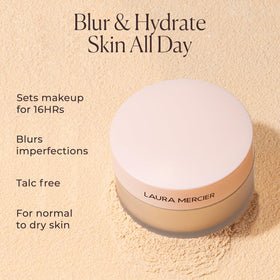 Laura Mercier Ultra-Blur powder compact open reveals easy-to-use setting powder for quick touch-ups.