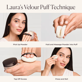 Laura Mercier Velour Puff applied to the face for smooth, even powder application.