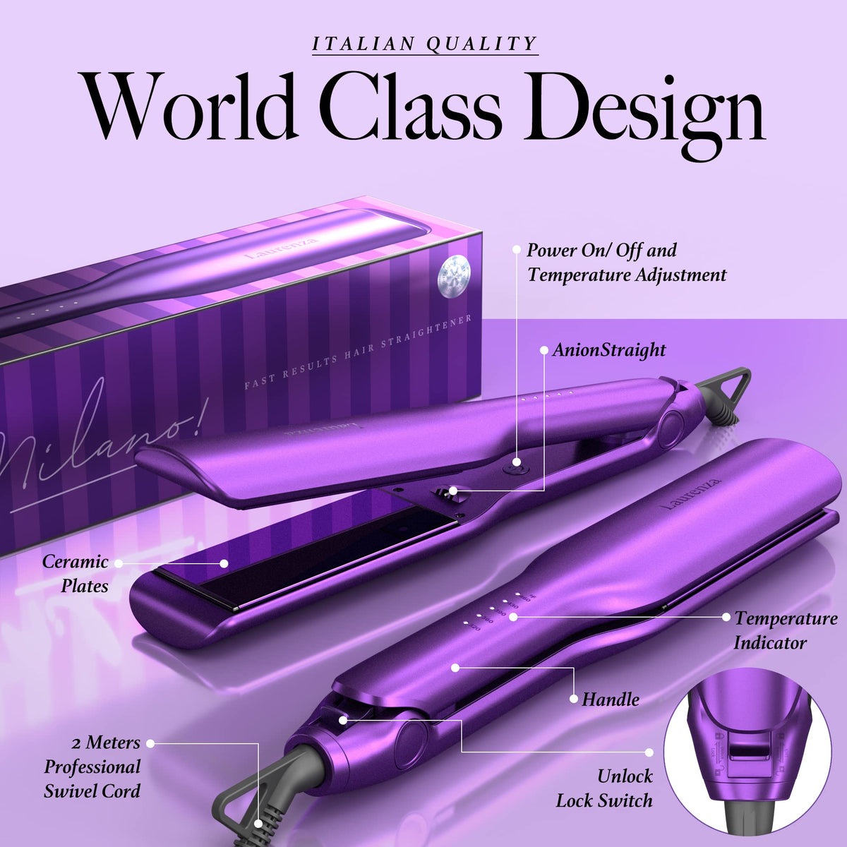 Laurenza professional-grade iron for versatile straight and curl styling.