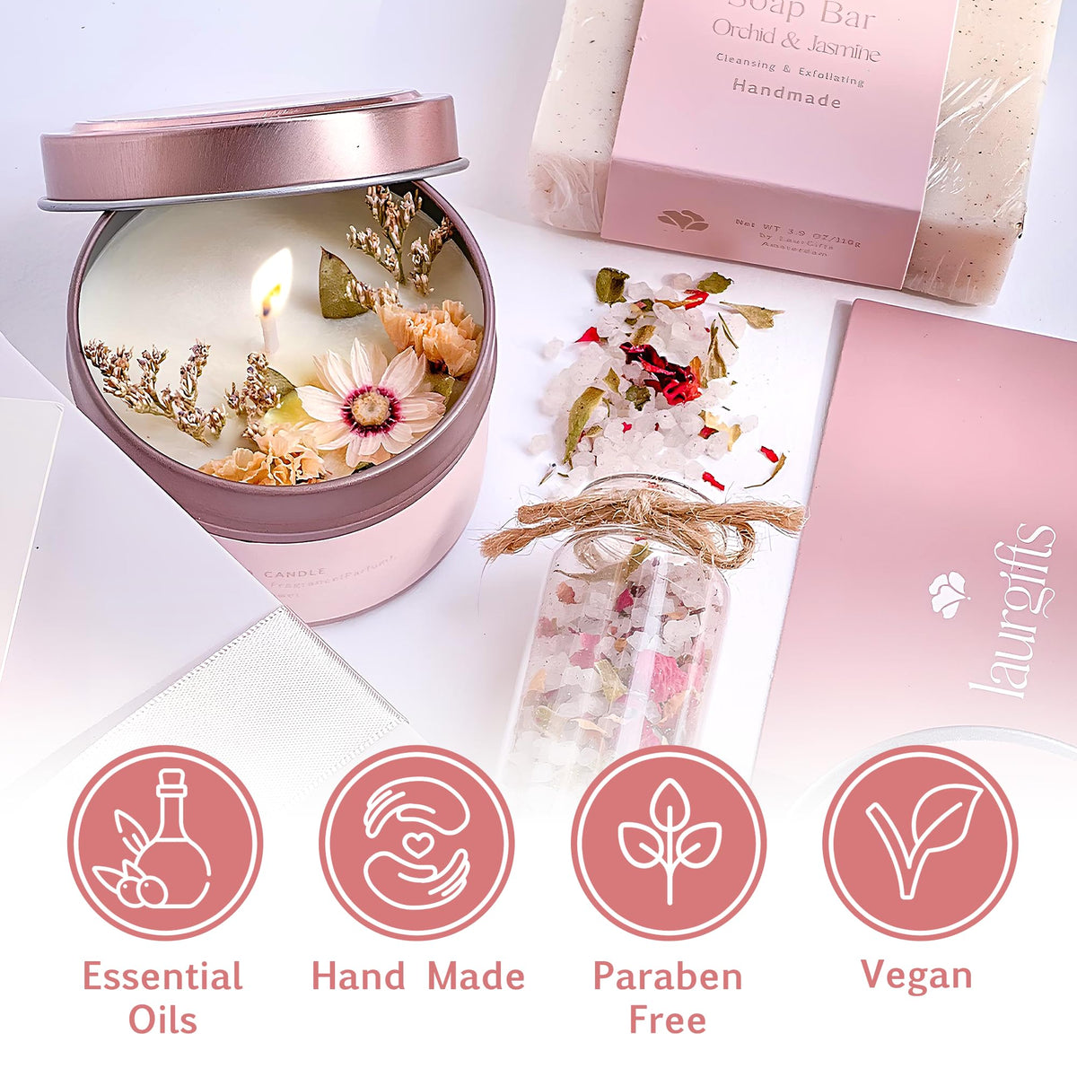 LaurGifts floral-scented salt scrub, spa-like exfoliation at home.