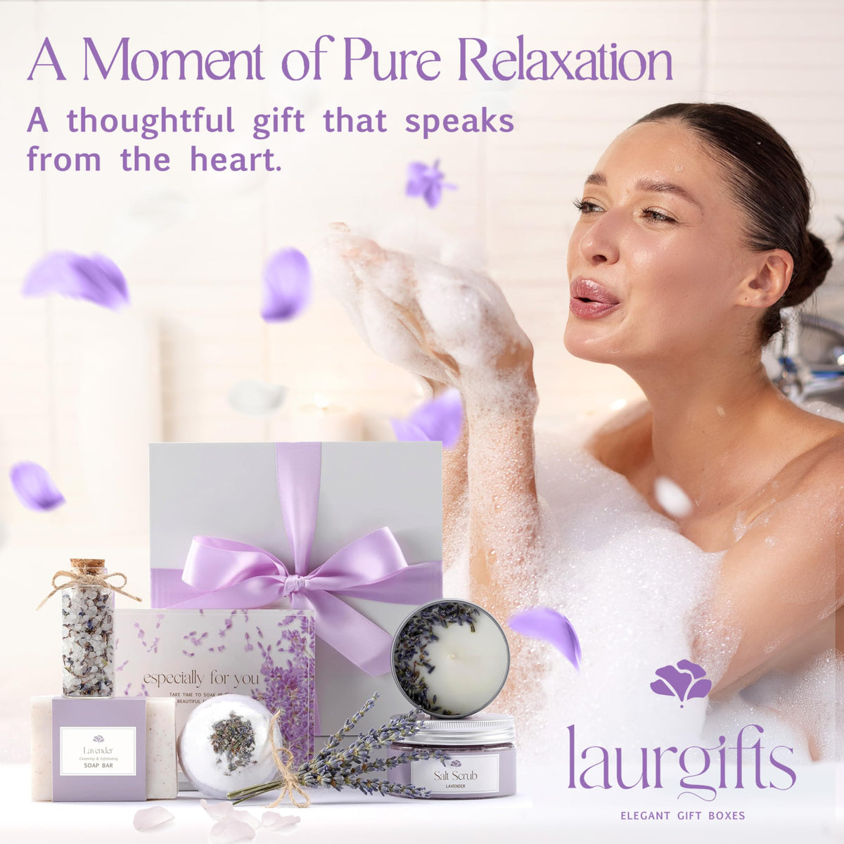 LaurGifts lavender bath salts highlighting soaking benefits and fragrance release
