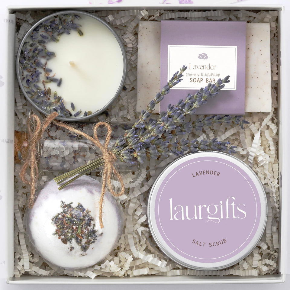 LaurGifts Mothers Day Lavender Spa Gift Box ready for unboxing with lavender ribbon for at home relaxation