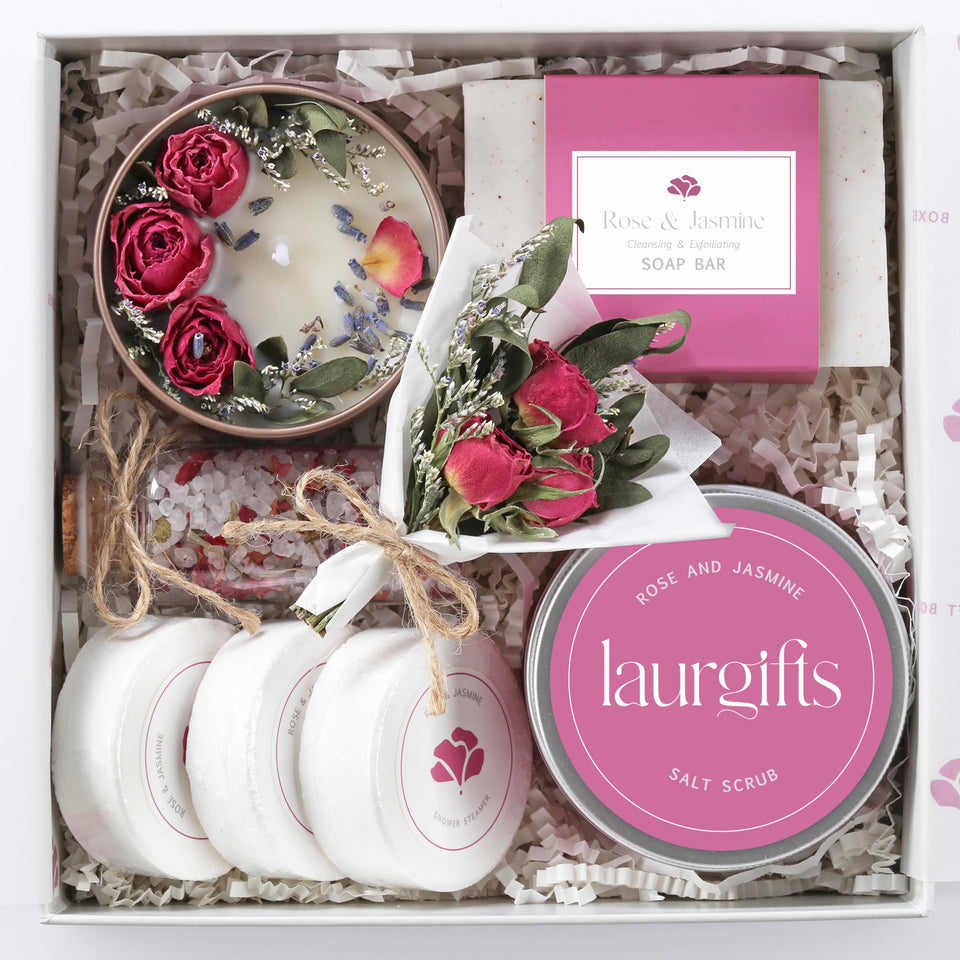 LaurGifts rose-jasmine candle enhances a relaxing bath ambiance.