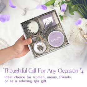 LaurGifts white gift box with lavender ribbon conveying ready to give luxury