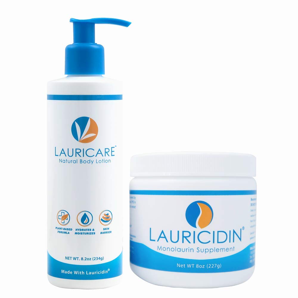 Lauricare body lotion bottle showing hydration for dry skin