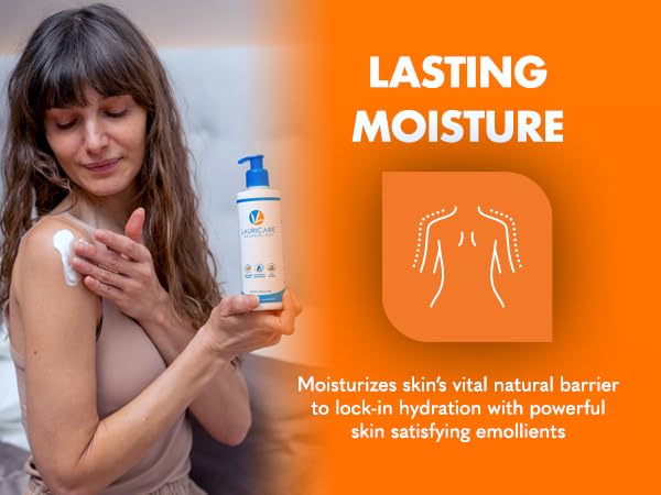 Lauricare body lotion texture closeup reveals creamy emollients