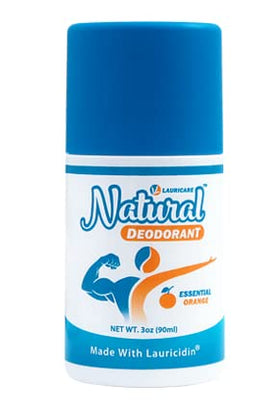 Lauricare natural deodorant bottle shows compact design for on-the-go protection.