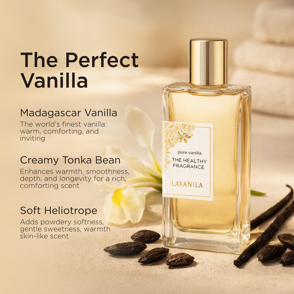 Lavanila Pure Vanilla perfume bottle closeup highlighting vanilla aroma