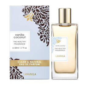 Packaging box of Lavanila Vanilla Coconut Perfume highlighting clean botanical blend