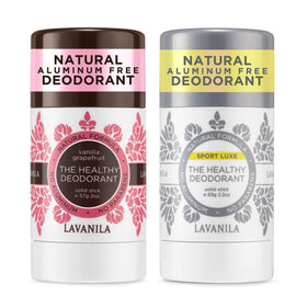 Lavanila Vanilla Grapefruit deodorant bottle showing aluminum-free protection for active days