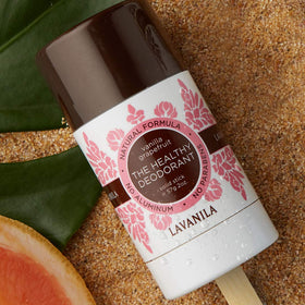 Lavanila Vanilla Grapefruit deodorant packaging on bathroom counter