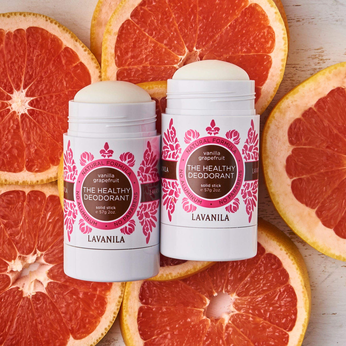 Lavanila Vanilla Grapefruit solid deodorant swatch showing non-staining formula